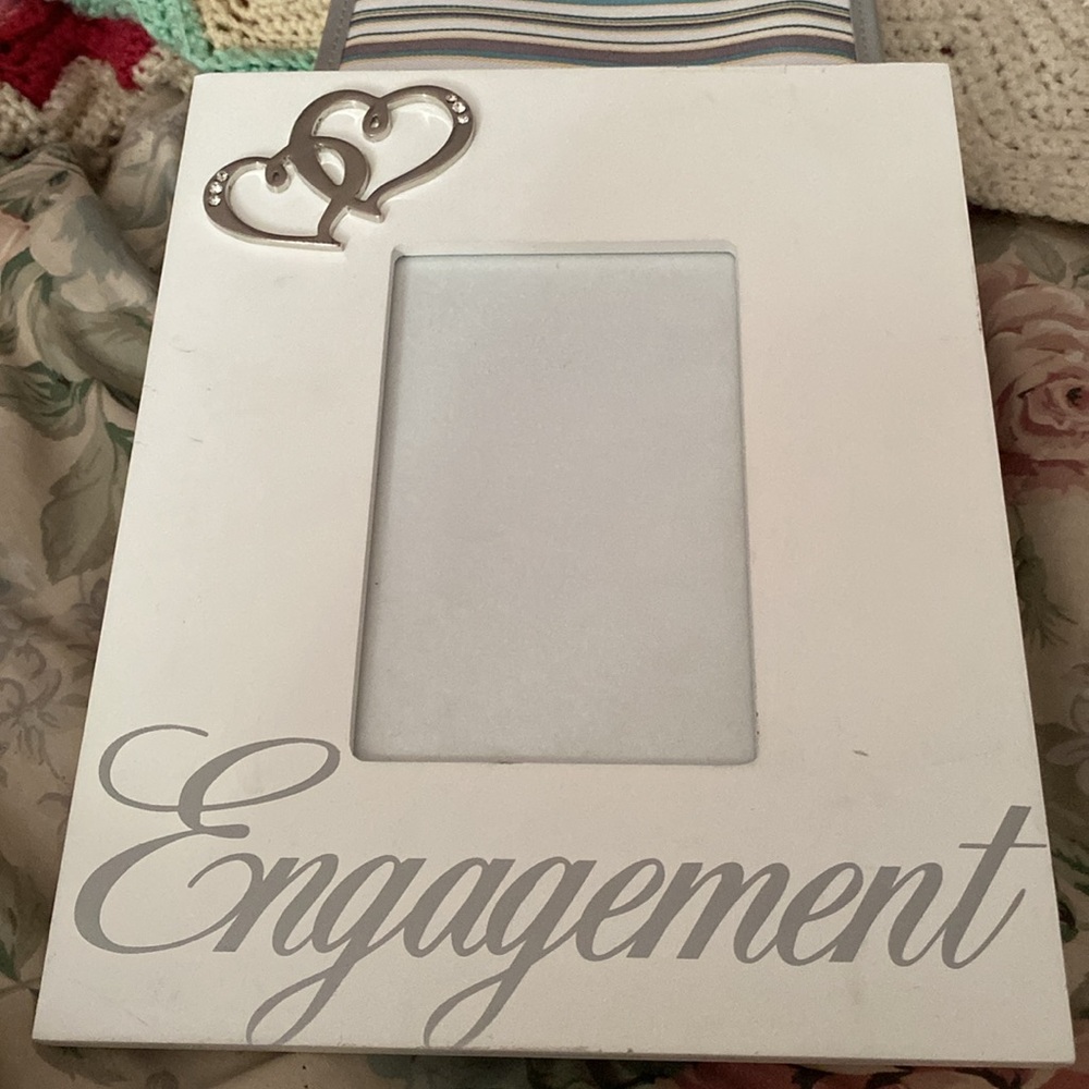 White Engagement Photo Frame with Silver Hearts
